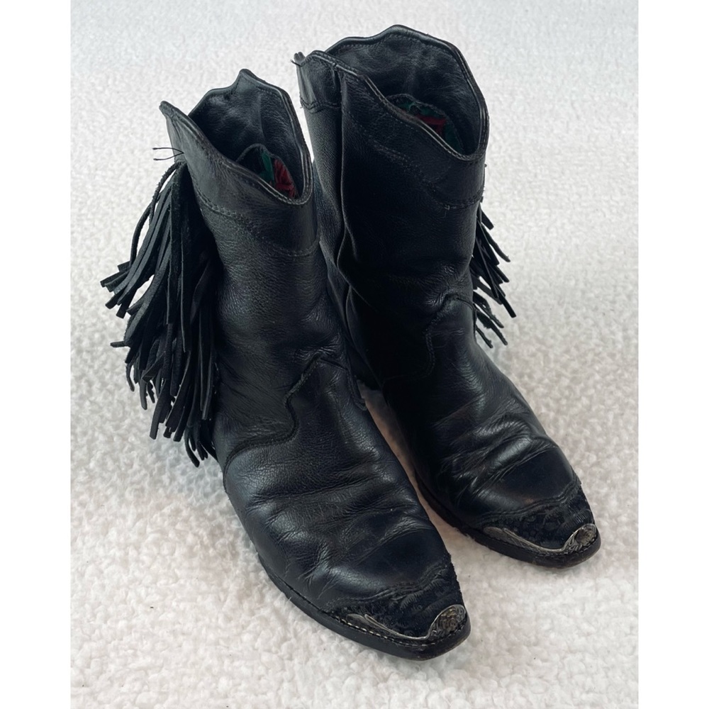 (VTG) ZODIAC • Black Genuine Leather Studded Fringe Western Cowboy Boots, 5.5 - Picture 14 of 16